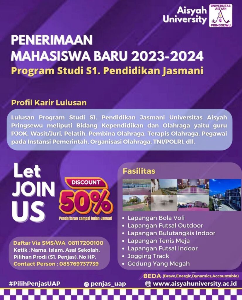 Universitas Aisyah Pringsewu Buka Pendaftaran Mahasiswa Baru Tahun Akademik 2023/2024 Program Studi S1 Pendidikan Jasmani, Diskon 50% hingga Januari!